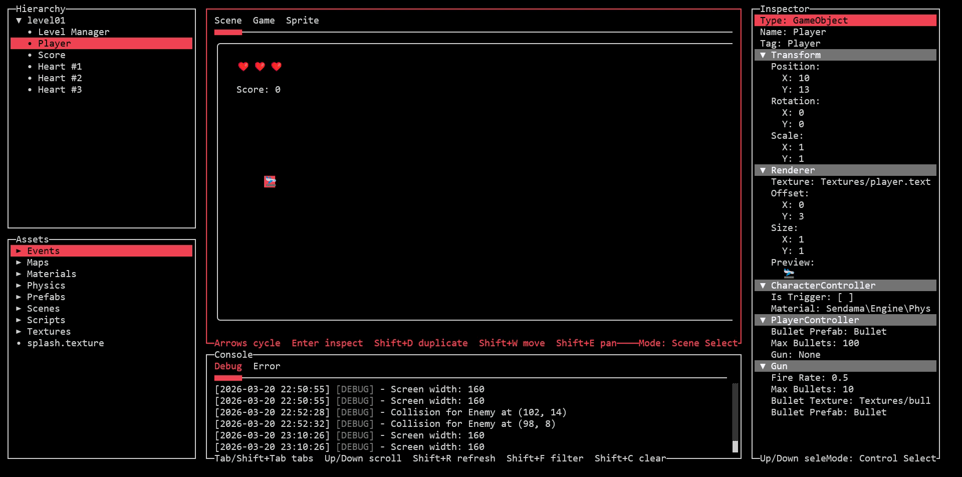 The Sendama editor showing hierarchy, scene, assets, console, and inspector panels while a breakout level is being built.